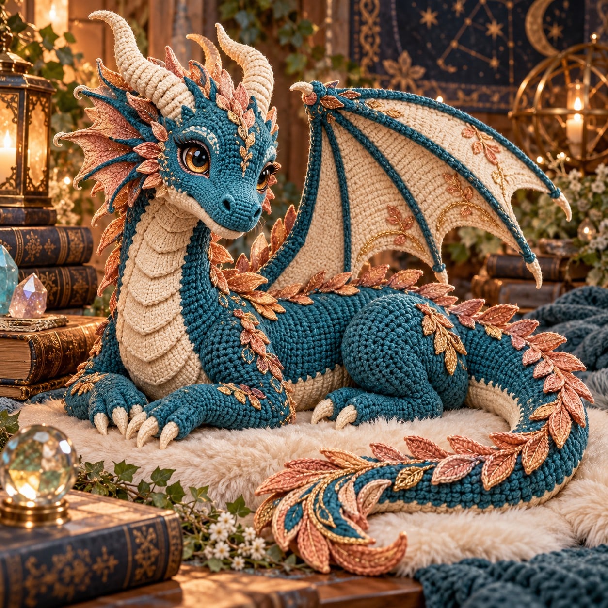 Finished celestial leaf dragon crochet amigurumi in teal and cream with copper leaf spines, reclining with wings raised