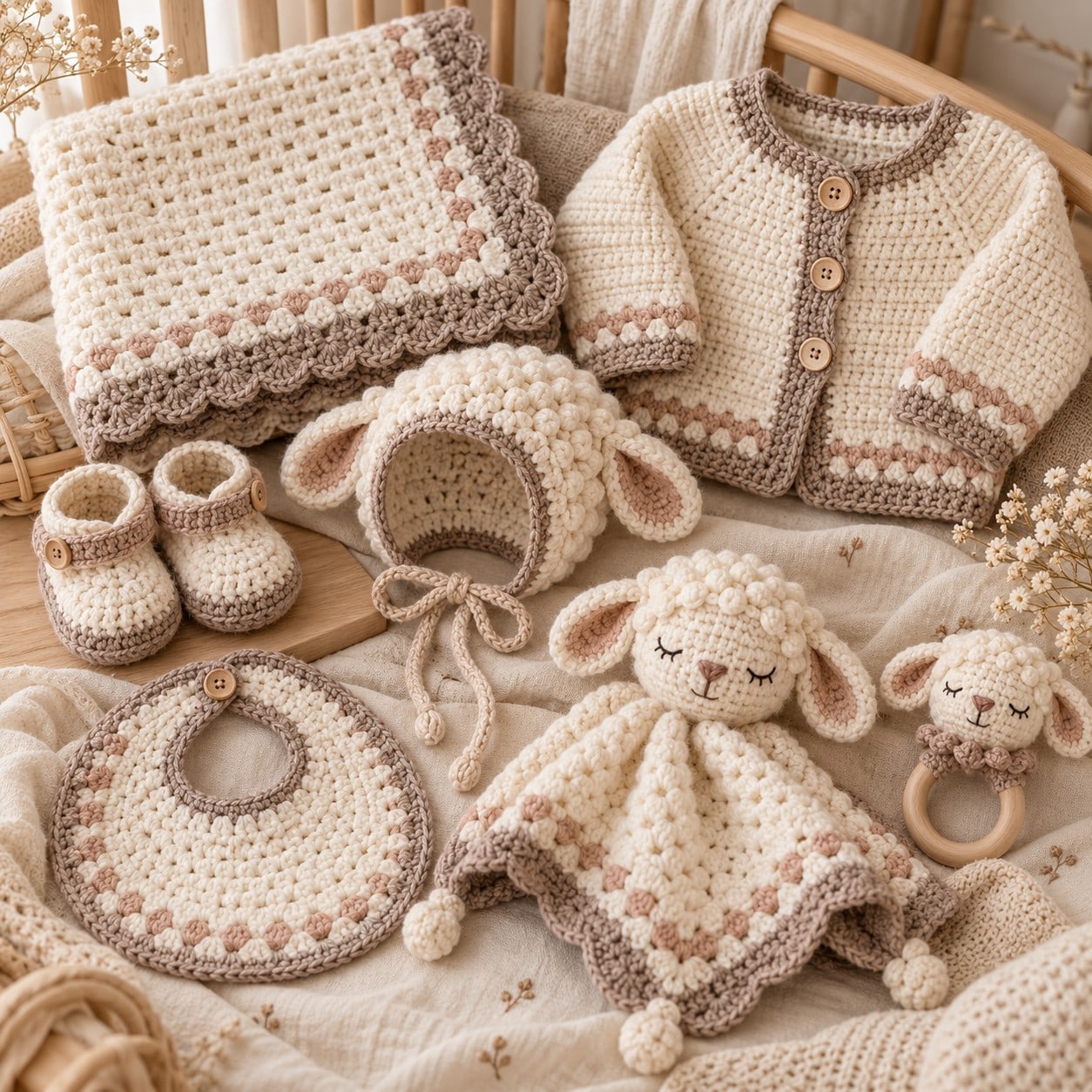 Little lamb baby crochet gift set with blanket, cardigan, bonnet, booties, bib, lovey and wooden-ring rattle in cream, taupe and dusty rose