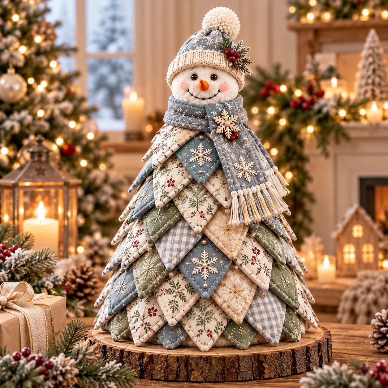Christmas patchwork snowman tree with quilted flaps in dusty ice blue, winter ivory and frosted sage, topped with a snowman head, hat and scarf