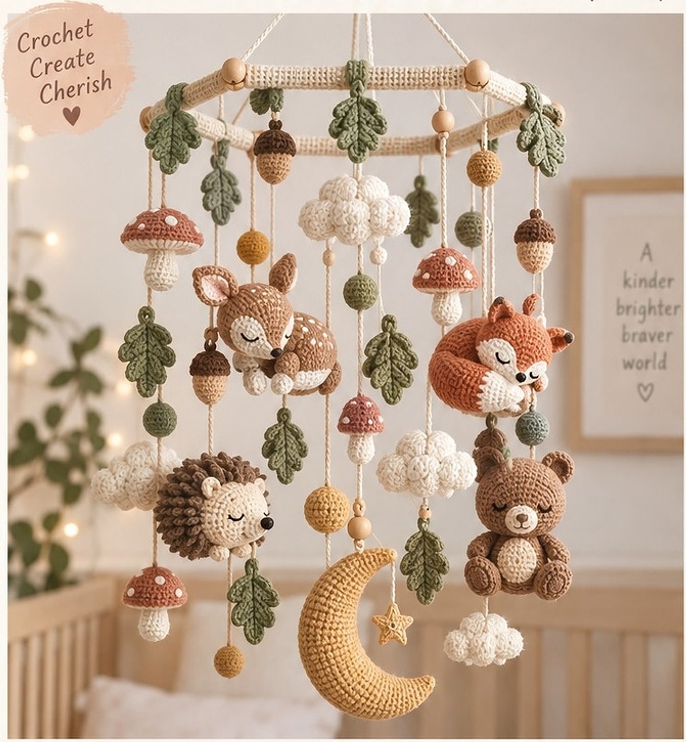 Crochet woodland nursery mobile with a fawn, fox, hedgehog, rabbit and bear, oak leaves, mushrooms, clouds and a mustard crescent moon